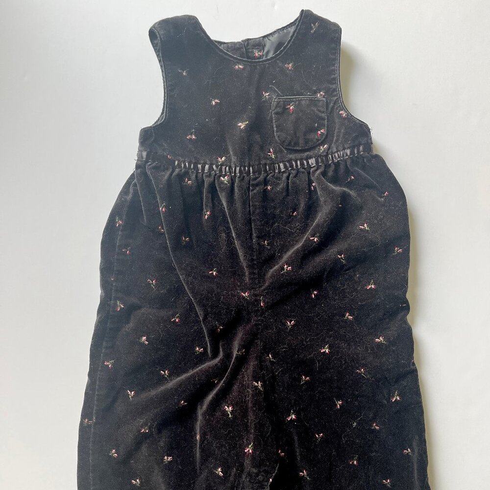 Vintage Baby Oshkosh Velour Black and Pink Floral Onesie